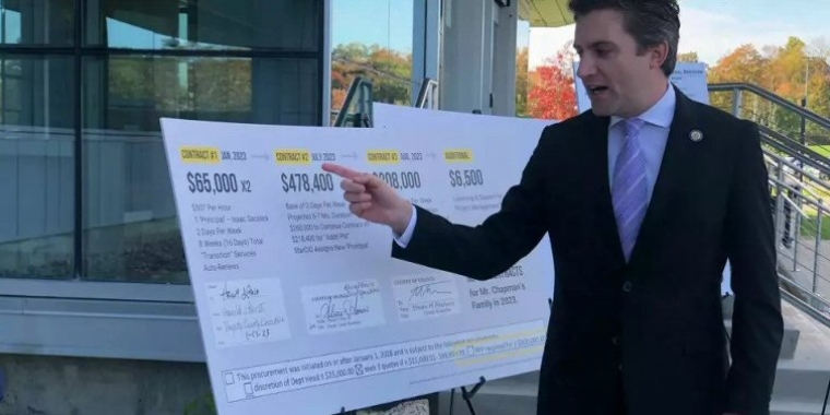Senator Skoufis using visual aids to explain the timeline of the contract