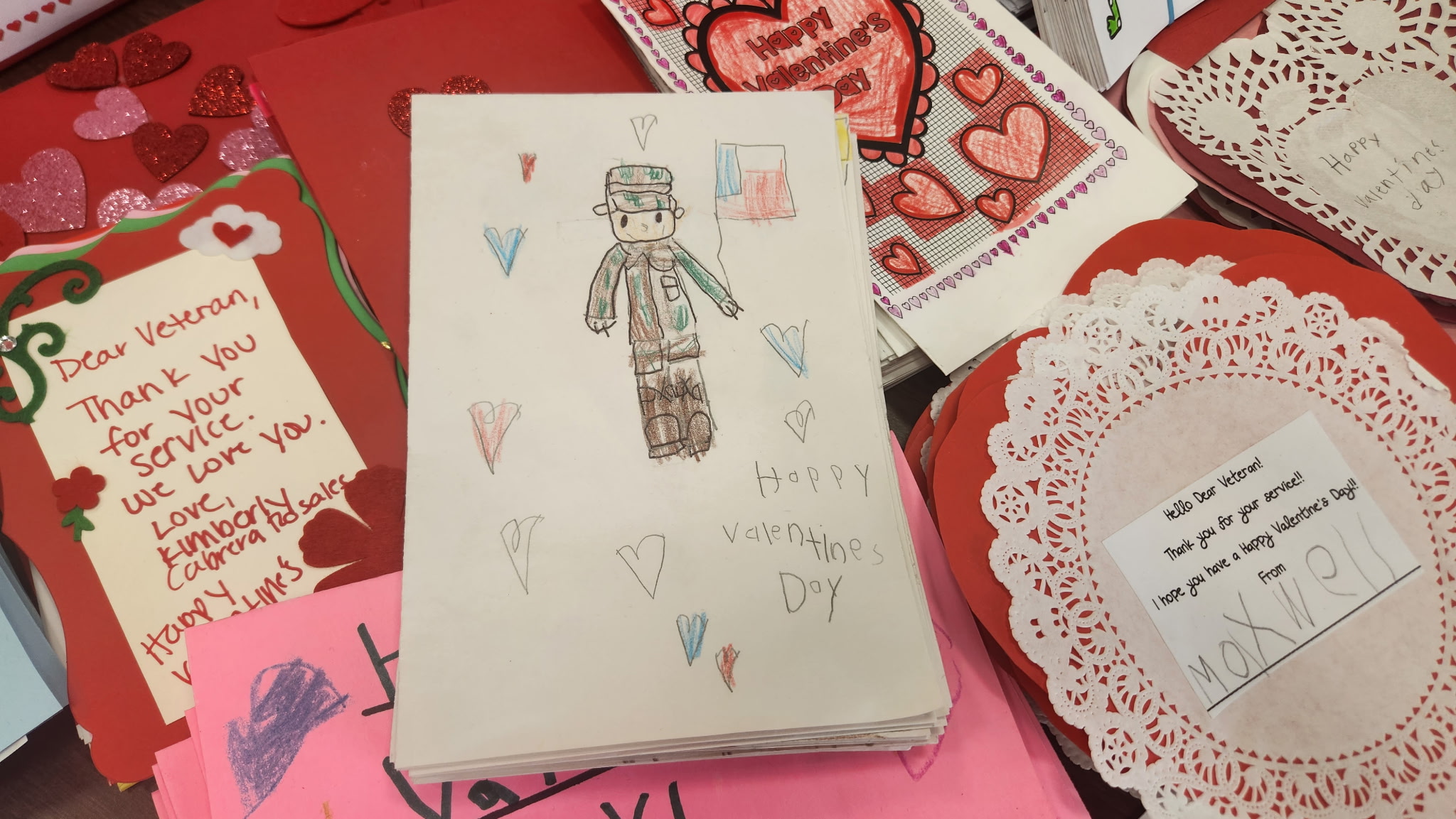 Photos of cards created by school children for local veterans and seniors.