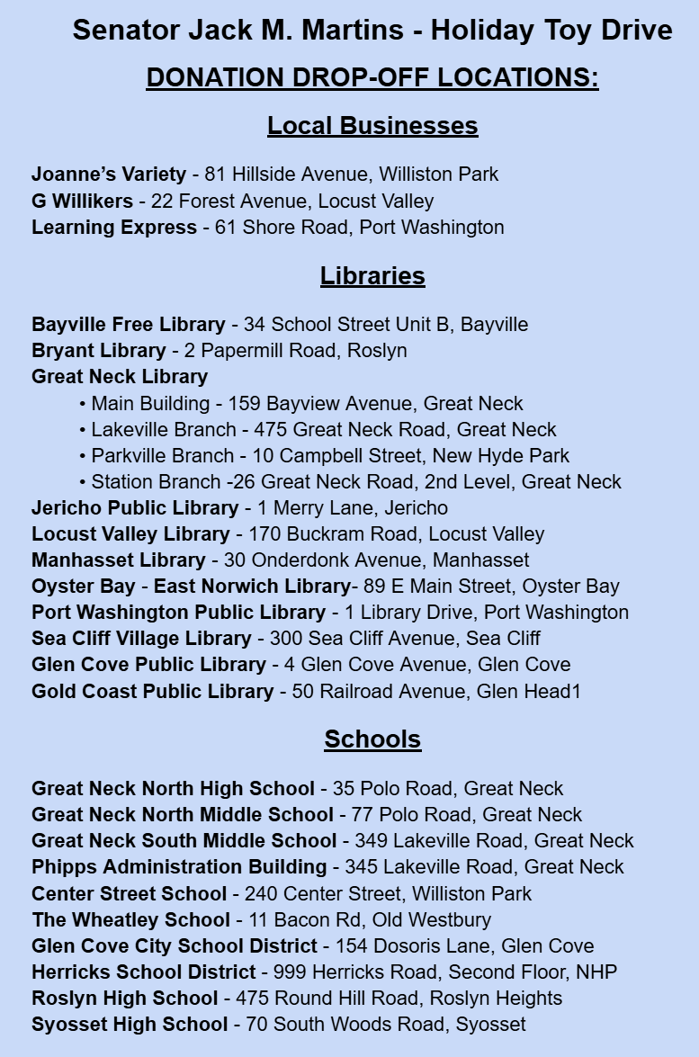 showing locations of drops off locations for toy drive