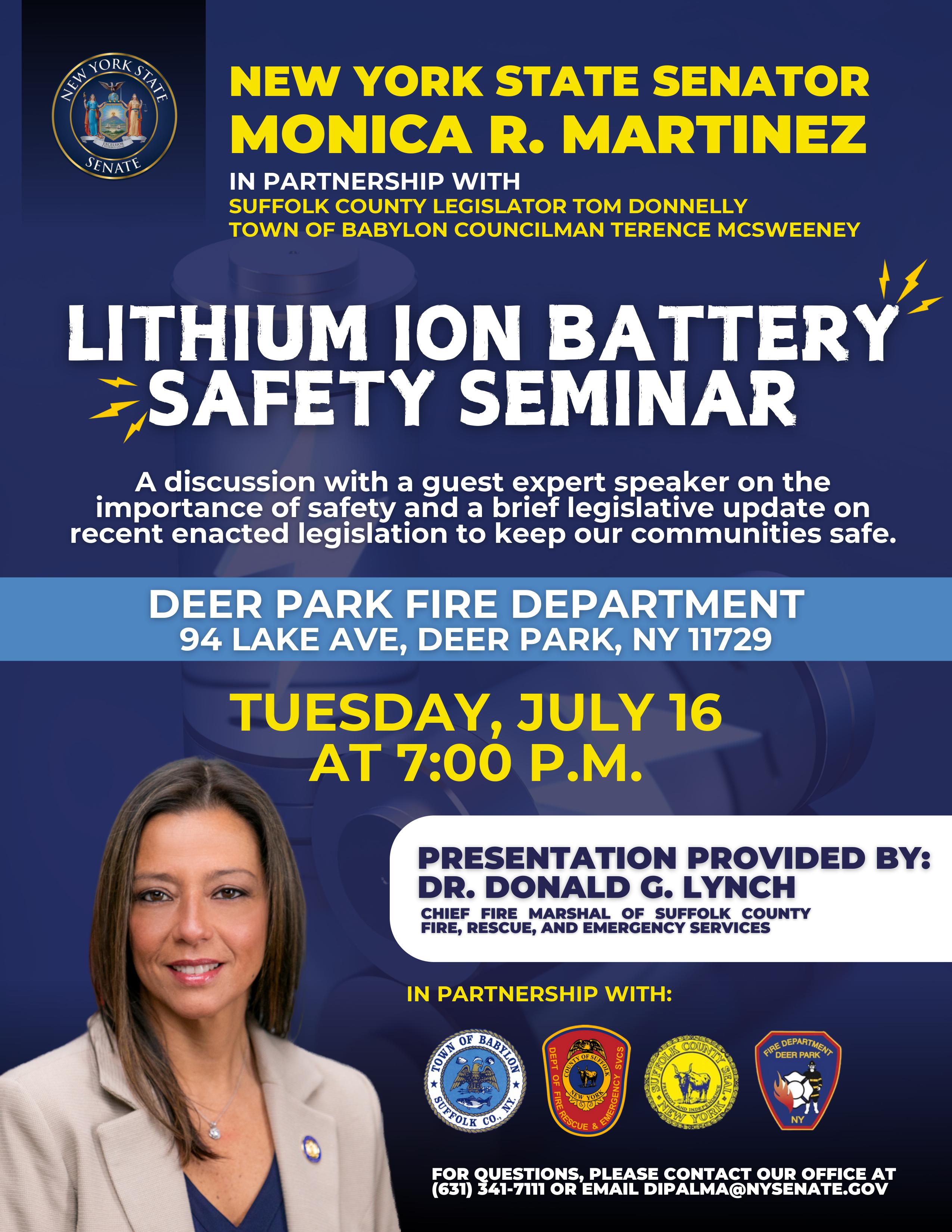 Full Lithium-Ion Battery Safety Seminar Flyer - Event Will Be Held on 7/16/2024 at 7PM. 