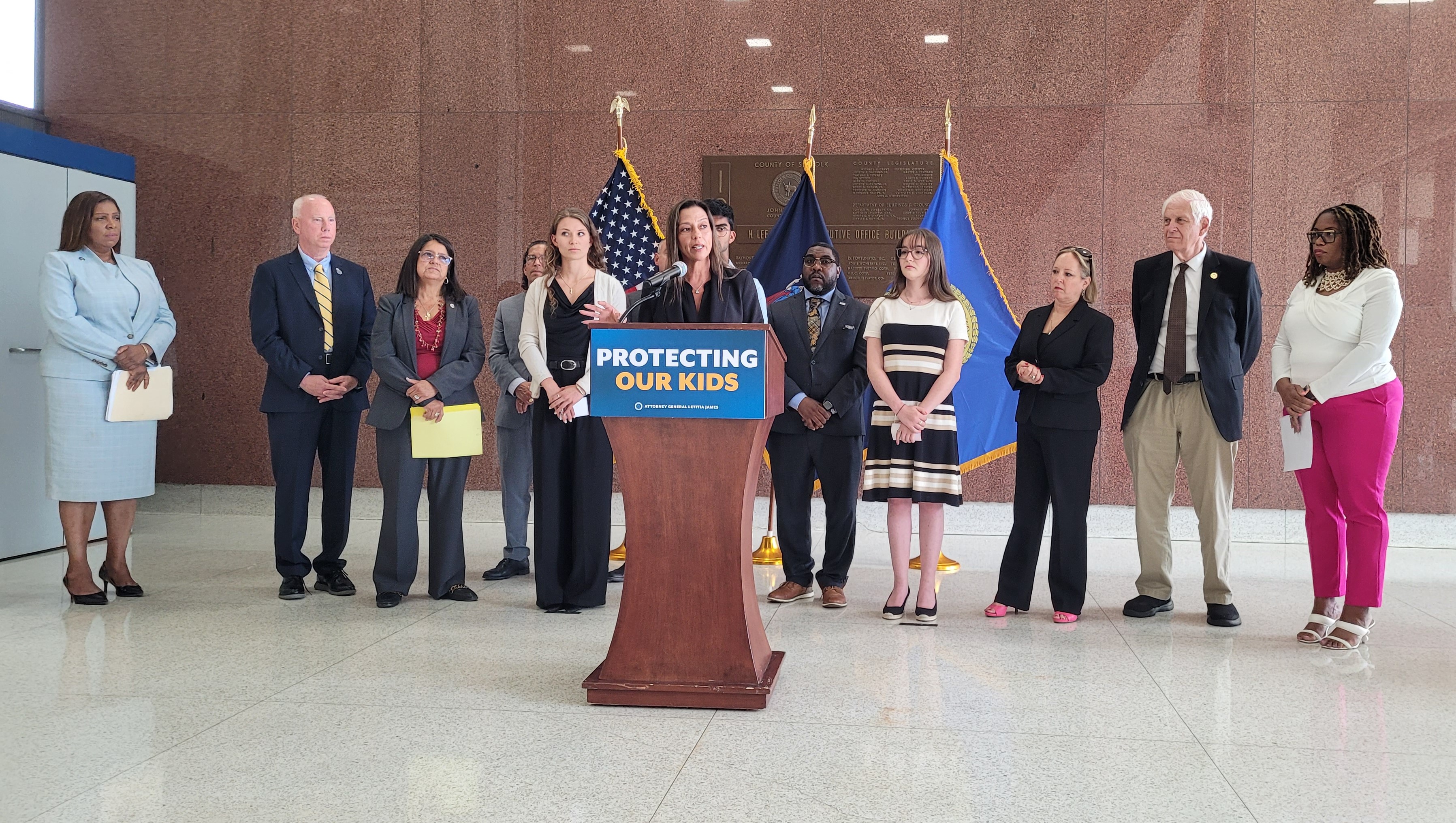 Senator Monica R. Martinez discusses efforts to reduce youth vaping during a June 12, 2024, press conference with Attorney General Letitia James and Suffolk County officials.