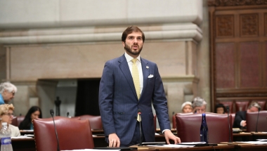 State Senator Andrew Gounardes speaking on the Senate floor.