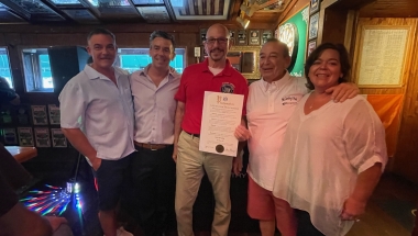NYS Senator Dean Murray recently presented Jack McCarthy, Jr. with a NYS Senate Proclamation in recognition of the 50th Anniversary of McCarthy’s Pub in Centereach, NY.
