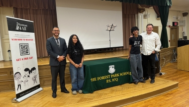 PS 97 Principal Yassine Aggoub, joins Bianca and Joshua Quddus of Harmony 4 All, and Senator Addabbo for a photo after the concert.