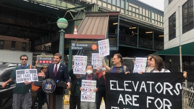 State Senator Andrew Gounardes speaks at a rally in support of elevators at Brooklyn subway stations.