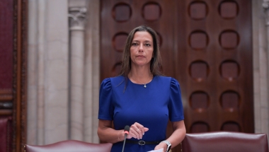 New York State Senator Monica R. Martinez standing speaks from the Senate's chamber.