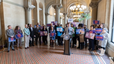 Senator Andrew Gounardes rallying in support of the Working Families Tax Credit.