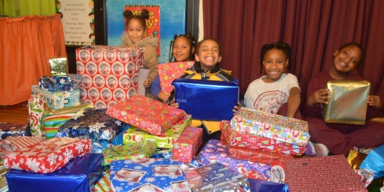 Dozens of children received toys at Senator Sanders' holiday giveaway, which was held in Jamaica at the Rochdale Early Advantage Charter School.