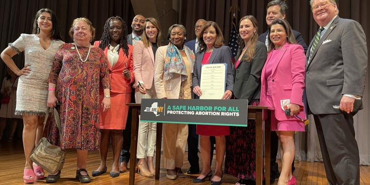 Senator Michelle Hinchey joins Governor Kathy Hochul and fellow bill sponsors to witness the signing of a legislative package to protect the rights of reproductive healthcare providers and patients.