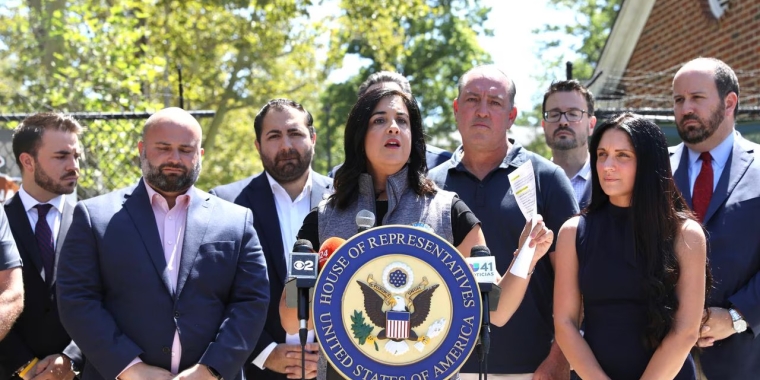 Rep. Nicole Malliotakis (R-Staten Island/South Brooklyn) and other local elected officials gather at the gate of Fort Wadsworth to note their disapproval of the choice of this site and other sites to house migrants on Staten Island. Wednesday, August 23, 2023. (Staten Island Advance/Jan Somma-Hammel)