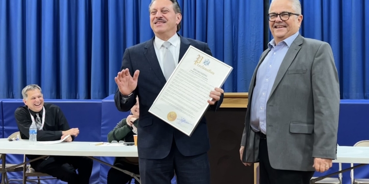 Senator Joseph P. Addabbo, Jr. presented a proclamation to President Tony Nunziato of the Juniper Park Civic Association.