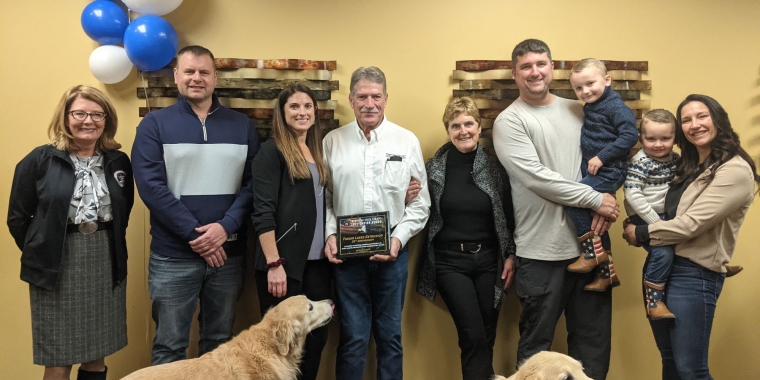 Senator Helming pictured with Bill Scott, his children, Erica Wright and Phil Scott, and family members