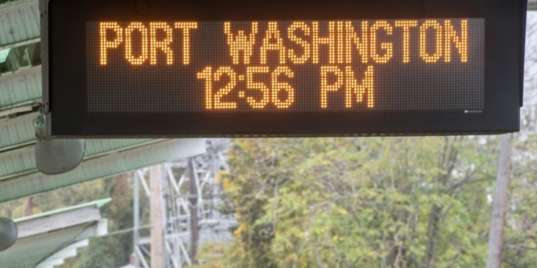 The MTA said there will be trains running from Port Washington to Grand Central at 6:42 a.m. and 7:19 a.m. Credit: Newsday / J. Conrad Williams Jr. Port Washington Train Sign