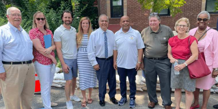 L-R-Councilman Mike Breen,former County Legislator Ruth Walter, Chris and Marisa Kaufman, Assemblyman Nader Sayegh, Assembly Speaker Carl Heastie, Armour Villa Neighborhood Association President Steve Wagner, Senator Shelley Mayer, Symra Bradon, representing Senate Majority Leader Andrea Stewart-Cousins