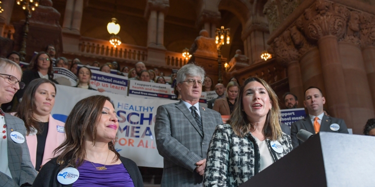 Senator Hinchey leads a press conference advocating for Healthy School Meals for All NY Students on Monday, January 29, 2024. 