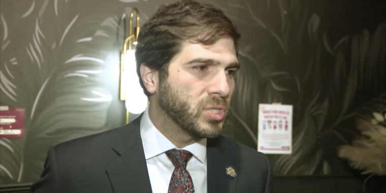 State Senator Andrew Gounardes speaking at a rally for universal childcare. Senator Andrew Gounardes speaking at a rally for universal childcare.