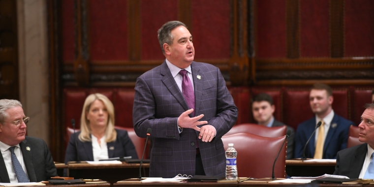 Senator Borrello speaking in the Senate chamber 