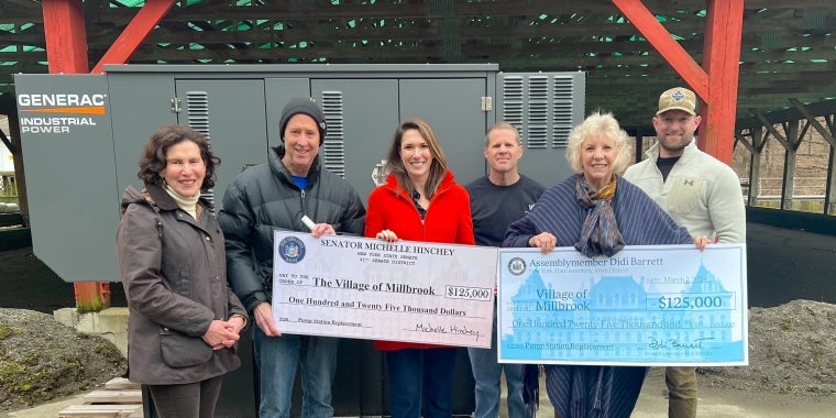 Pictured: Senator Michelle Hinchey and Assemblymember Didi Barrett at the Millbrook Village Water Department alongside Millbrook Village Mayor Tim Collopy, VRI Environmental Services Area Manager Scott Osborn, Millbrook Village Trustees Vicky Contino, and Patrick Murphy.