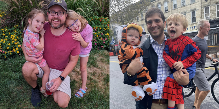 A picture of Senator Gounardes holding his two children, next to a picture of Pete Nabozny from the Children's Agenda holding his two children.