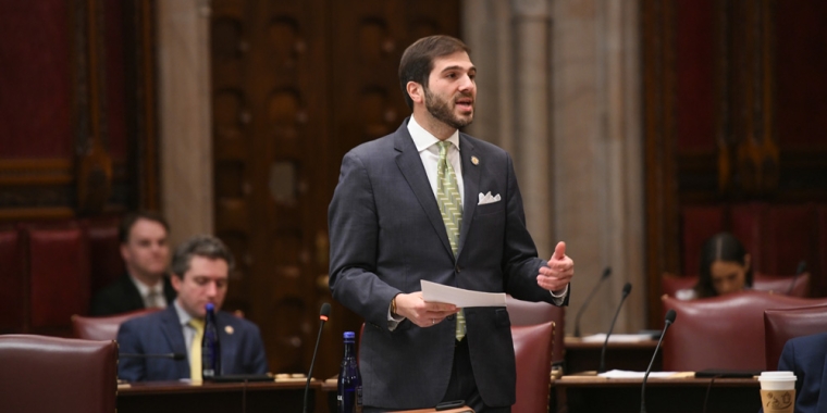 State Senator Andrew Gounardes speaking in the Senate chamber.