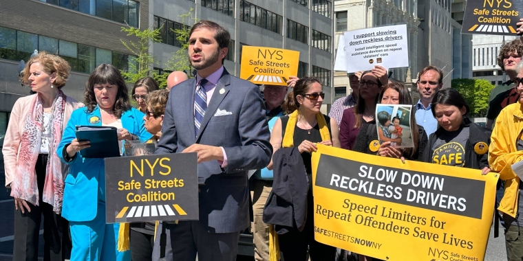 Senator Andrew Gounardes joins safe streets advocates at a rally in support of speed limiters for reckless drivers.