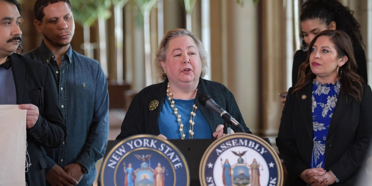 Senator Krueger stands at a podium during a press conference