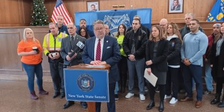 State Sen. Peter Harckham gathers support for his bill to force automated trucks to have a licensed driver in the cab to protect the public from still-evolving technology. Last week he visited Teamsters Local 456 in Elmsford.