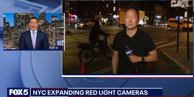 A screenshot from a Fox5 news story about Sen. Gounardes' bill to expand red light cameras.