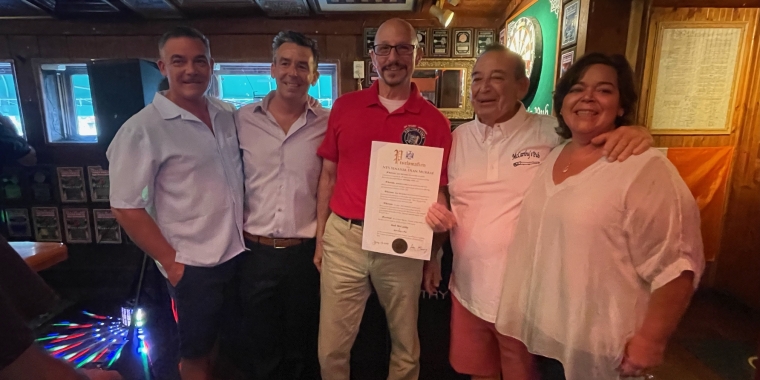 NYS Senator Dean Murray recently presented Jack McCarthy, Jr. with a NYS Senate Proclamation in recognition of the 50th Anniversary of McCarthy’s Pub in Centereach, NY.