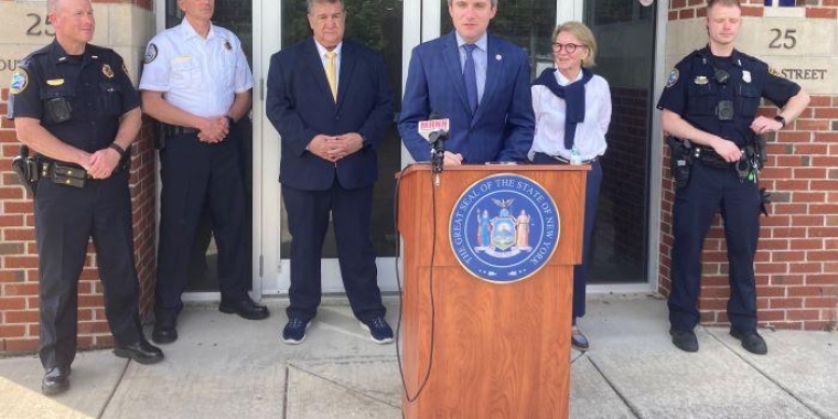 Senator James Skoufis speaks at a news conference on Thursday at the 25 South Street courthouse in Middletown