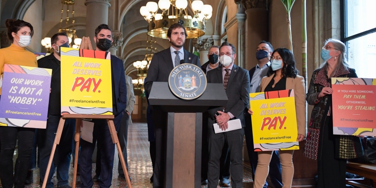 Senator Andrew Gounardes joins advocates to demand labor protections for freelancers.