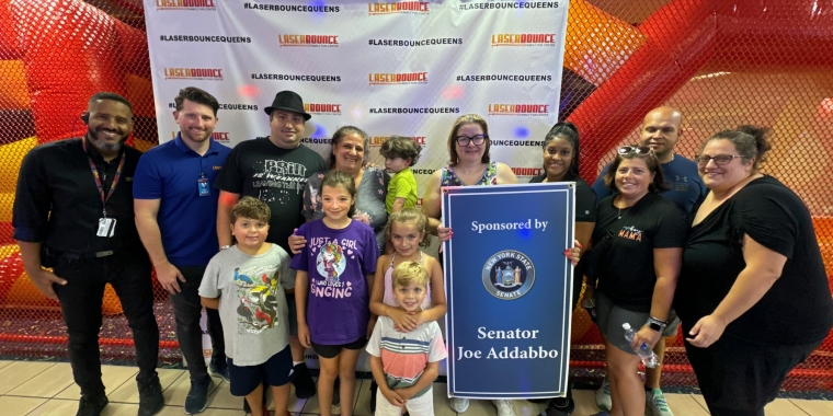 Senator Addabbo's team poses for a photo with the Laser Bounce team including owner, Ryan D'Amico (second from left) and some happy patrons.