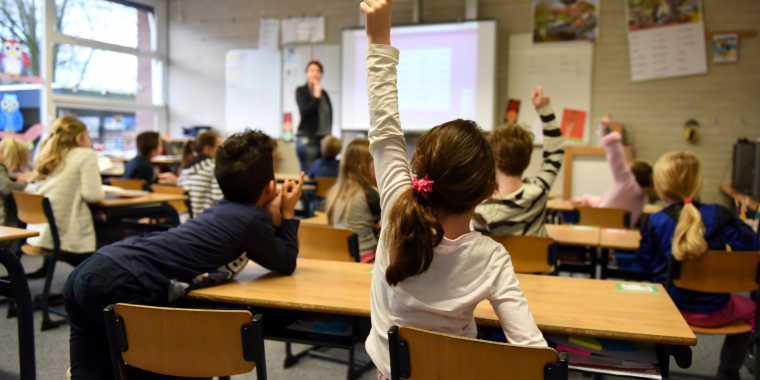 Students in a school classroom.