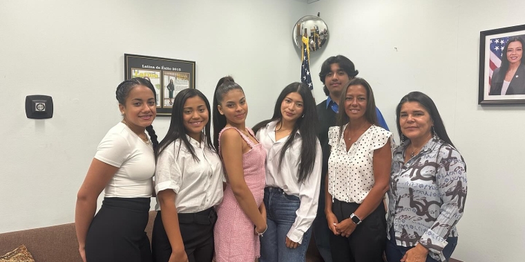 Photo: Members of the Teatro Yerbabruja theater company meet with New York State Senator Monica R. Martinez, who secured a grant to support the organization’s summer art and theater education programs. 