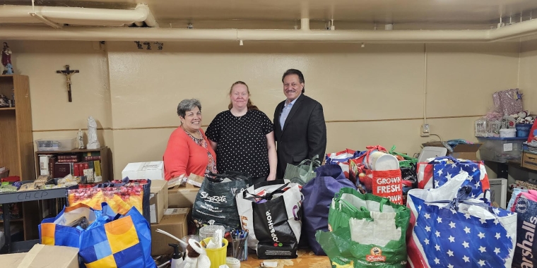 Senator Addabbo drops off food and personal care items with Nancy Baer and Tara Jackson Baer at Sacred Heart Pantry.