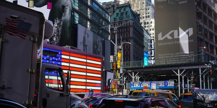 A line of cars and trucks jam the roadway near Times Square. Under the MTA's proposed congestion pricing plan, drivers in cars will be charged $15 to enter lower Manhattan (south of 60th Street) from 5 a.m. to 9 p.m. on weekdays, and 9 a.m. to 9 p.m. on weekends.