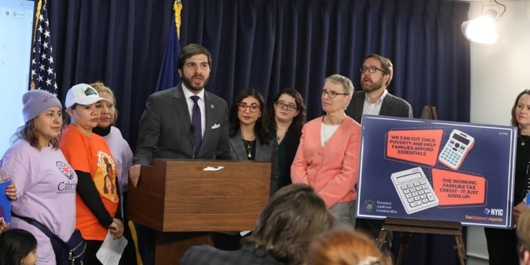 Senator Andrew Gounardes speaks at a press event in support of the Working Families Tax Credit.