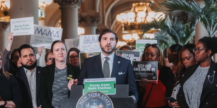 Senator Andrew Gounardes speaks at an Albany press event in support of legislation to keep kids safe online.