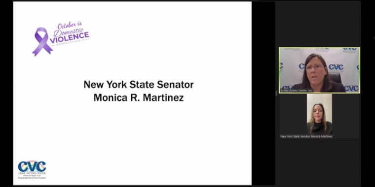 Senator Martinez and CVC Executive Director Laura Ahearn speak, on screen, during a virtual conference about Domestic Violence