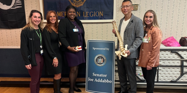 from left to right: Amanda Kaufman, DPT- Supervisor, Sports Therapy and Rehabilitation Services (STARS), Andrea Kleess, DPT -Director, Operations Physical Therapy Long Island Jewish Forest Hills Hospital, Lorraine Chambers Lewis, President, Long Island Jewish Forest Hills Hospital, Hiroyuki Yoshihara, MD, PhD- Orthopedic Spine Surgeon, Cynthia McClelland- Senior Physician Relationship Management Specialist