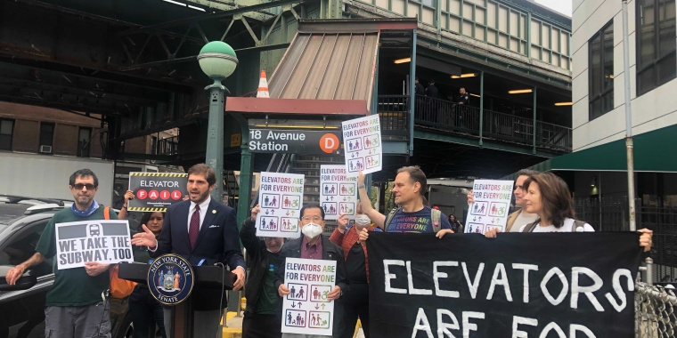 State Senator Andrew Gounardes speaks at a rally in support of elevators at Brooklyn subway stations.