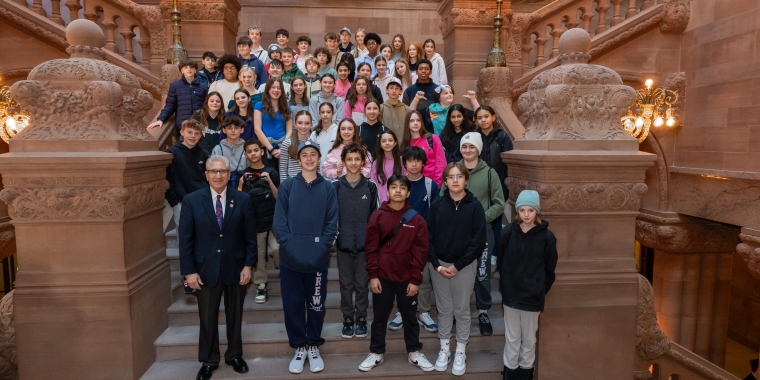 Senator Tedisco with the 7th grade Maple Avenue Middle School class taken on the Million Dollar Staircase at the Capitol