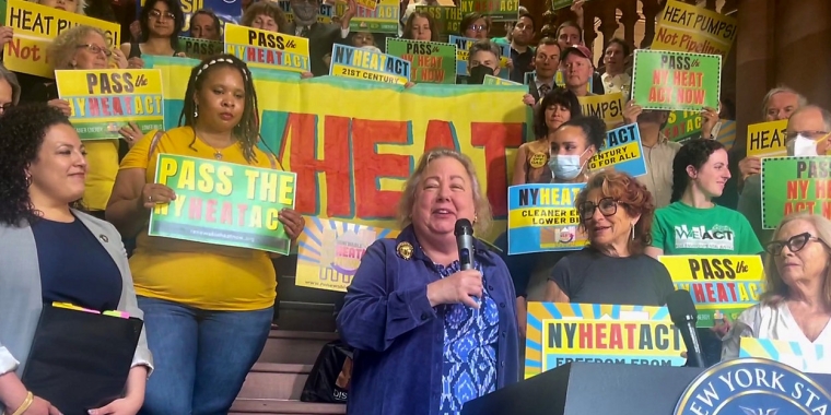 Senator Krueger speaks at a rally in support of the NY HEAT Act