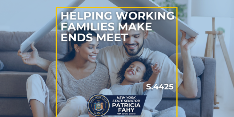 Helping families make ends meet text overlayed on a photo of a working family and child.