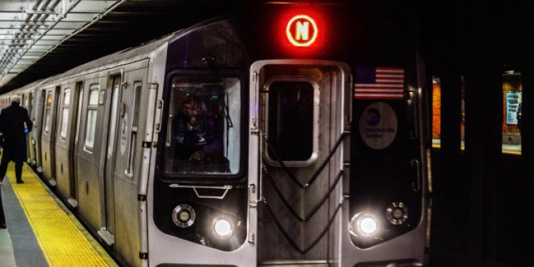 MTA train pulling to a station