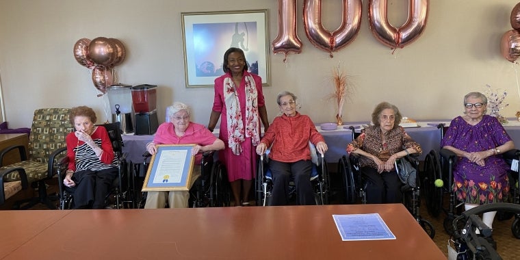 Majority Leader Stewart-Cousins joined in celebrating the extraordinary lives of five centenarians at Cabrini of Westchester in Dobbs Ferry Majority Leader Stewart-Cousins joined in celebrating the extraordinary lives of five centenarians at Cabrini of Westchester in Dobbs Ferry