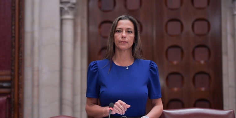 New York State Senator Monica R. Martinez standing speaks from the Senate's chamber.