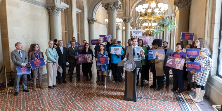 Senator Andrew Gounardes rallying in support of the Working Families Tax Credit.