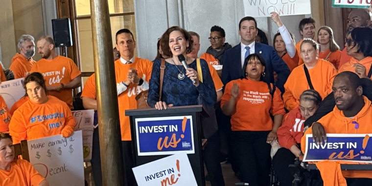 Senator Fahy standing with disability advocates, DSPs, and more at a rally calling for significant investments in the disability community as part of this year's budget.