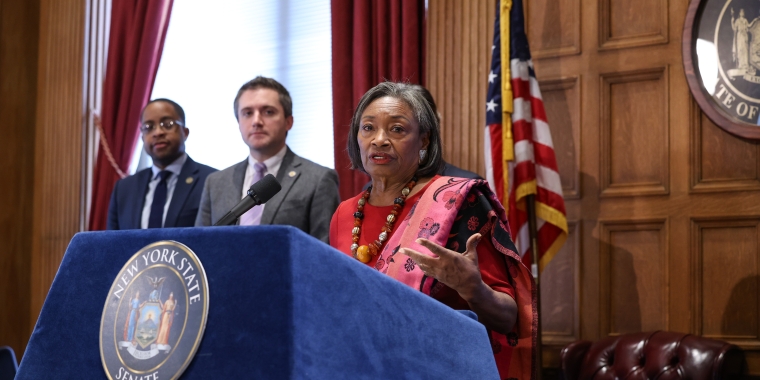 Majority Leader Stewart-Cousins fields questions during a press conference on February 25, 2025